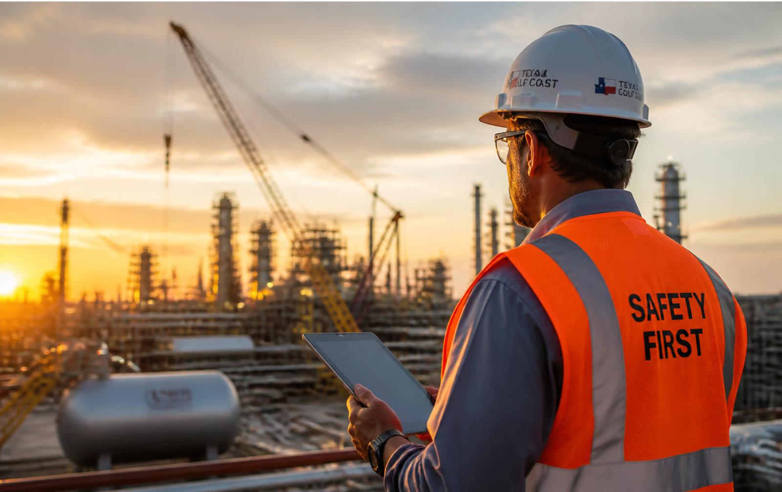 Safety professional inspecting a Gulf Coast industrial site at sunset